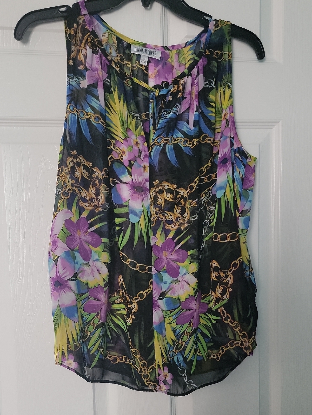 Jennifer Lopez Black Floral & Chain-Print Sleeveless Top with Purple Accents